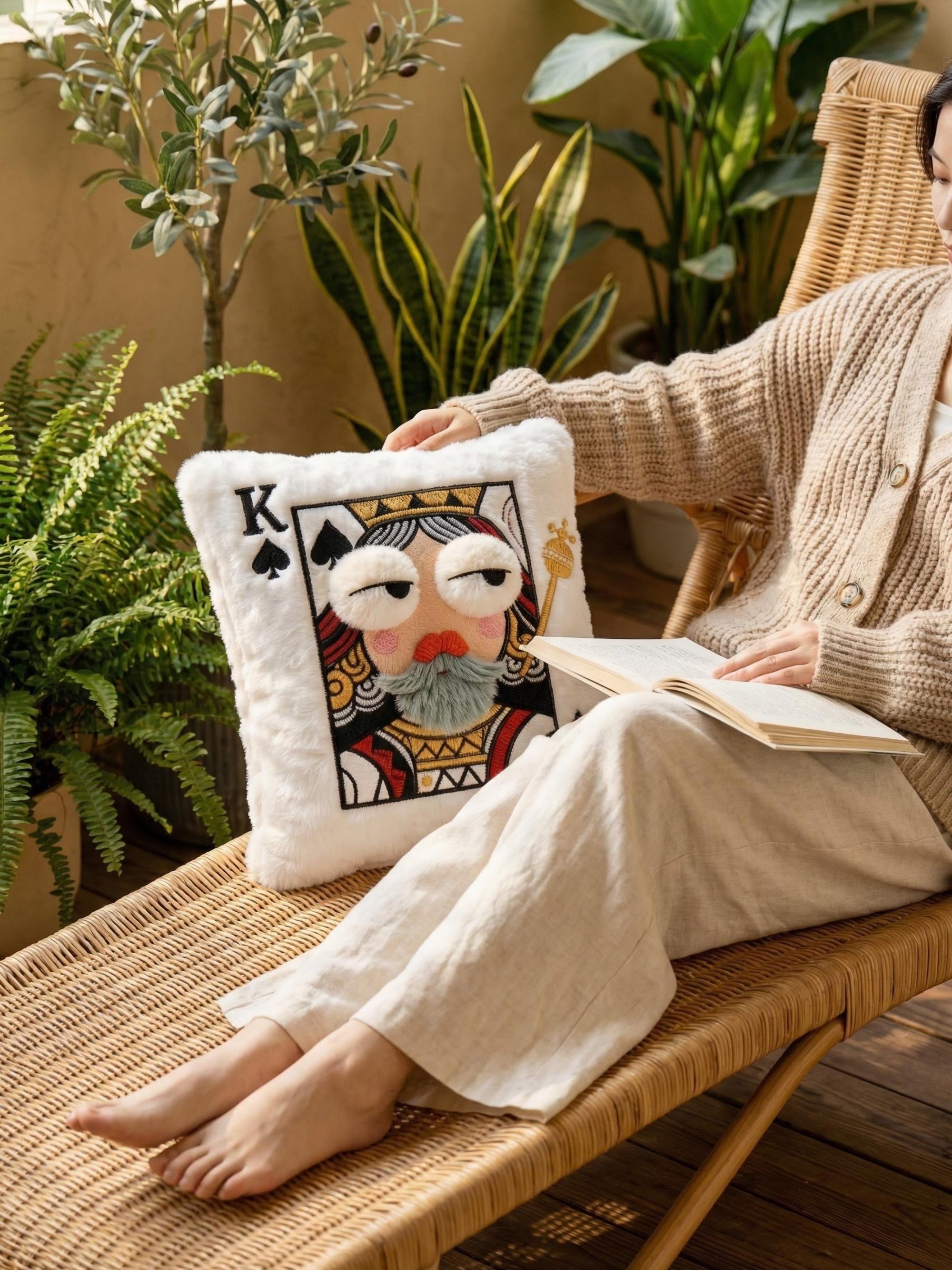 Plush Embroidered Playing Card Throw Pillow (36×40cm)