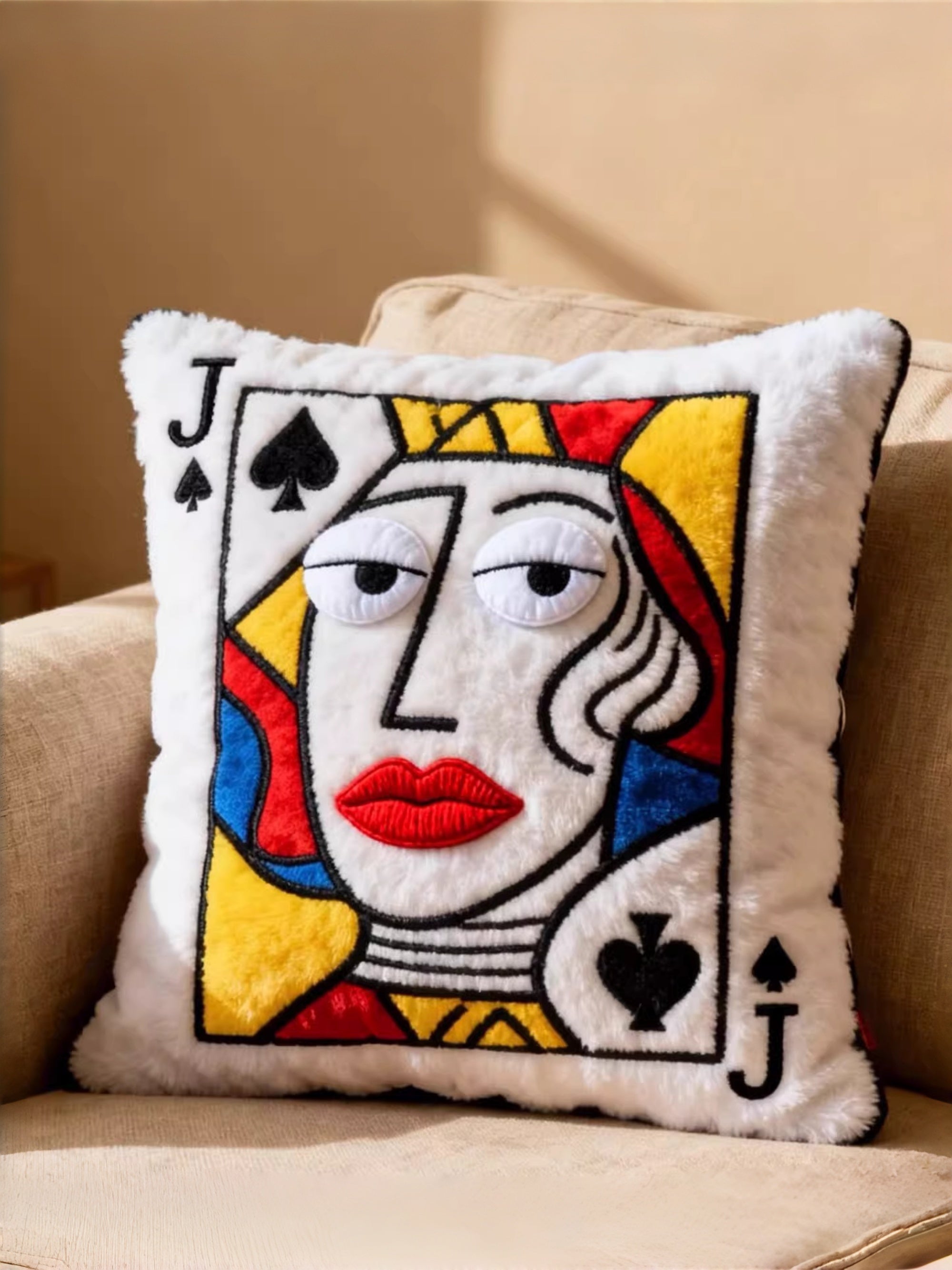 Plush Embroidered Playing Card Throw Pillow (36×40cm)